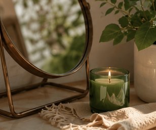 A lit candle, a round mirror and greenery on a dresser