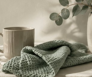 A mug beside a folded green knit blanket in soft daylight