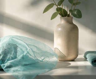Surgical gown and a vase of eucalyptus on a sunlit bathroom counter