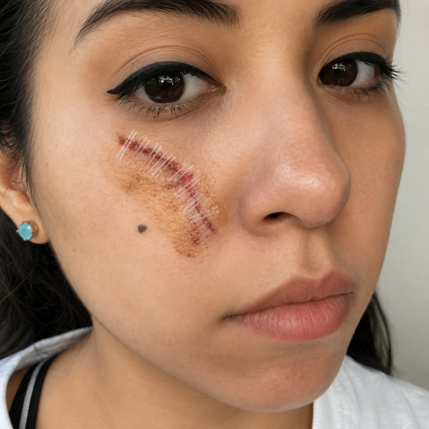 Close-up of a healing scar across the customer's left cheek