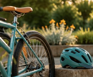 A bicycle and a cycling helmet resting in a sunlit garden